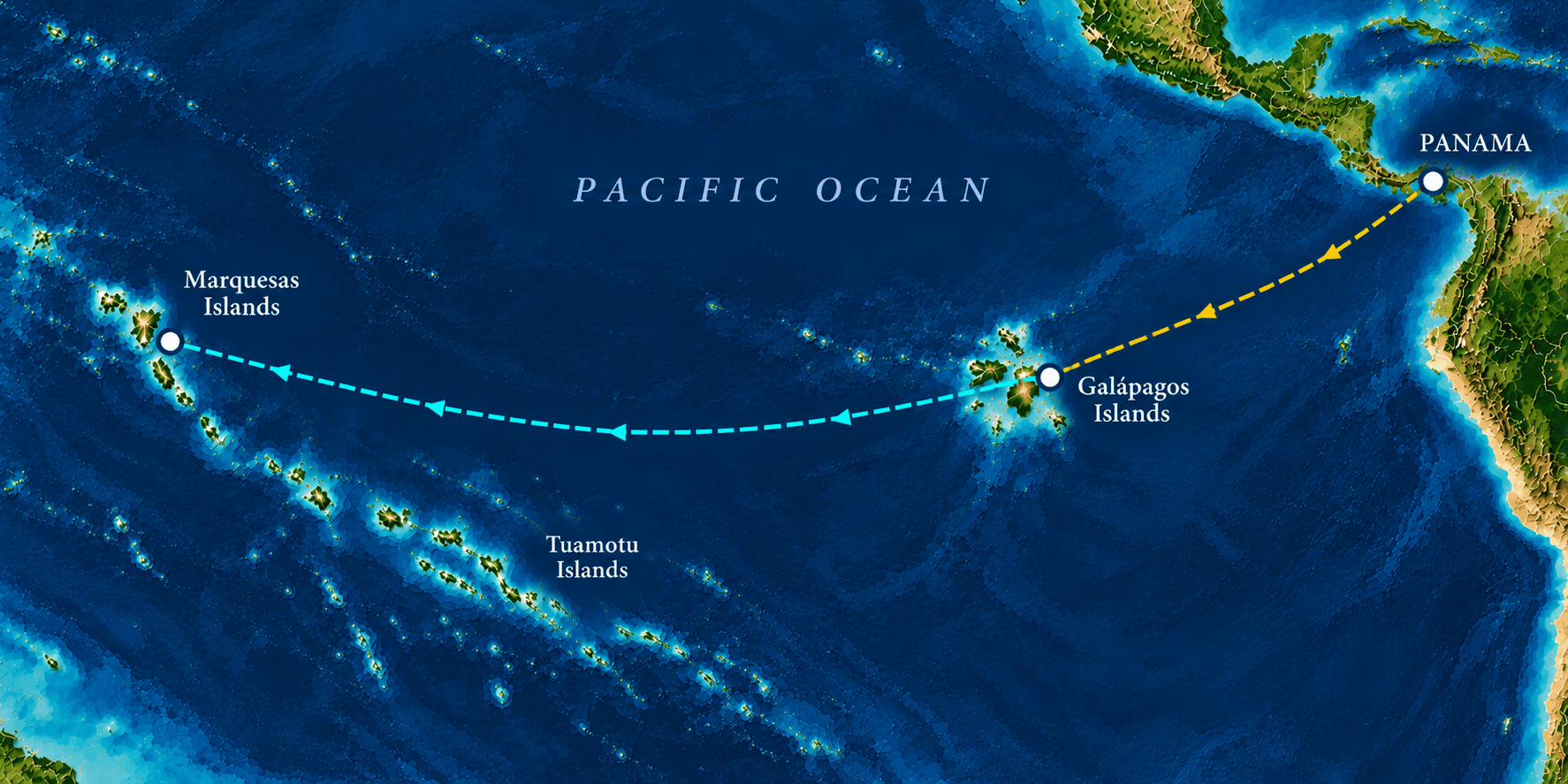 Map of the Pacific showing the sailing route from Panama to the Galápagos Islands and on to the Marquesas.